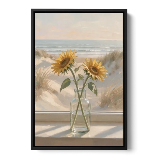 Sunflower Pair in Glass by the Dunes for the Bathroom - Black Framed Canvas Wall Art - Front
