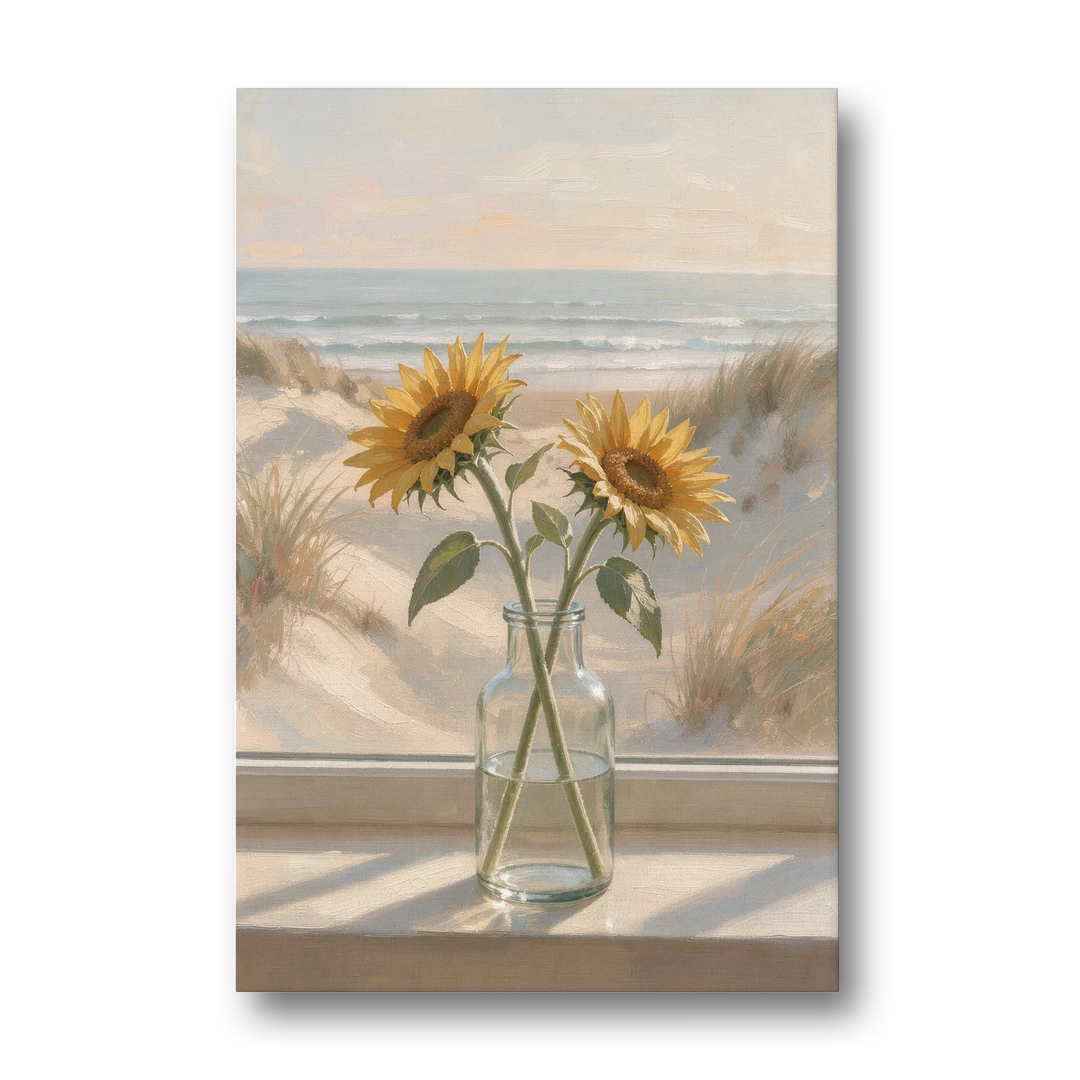 Sunflower Pair in Glass by the Dunes for the Bathroom - Canvas Wall Art - Front