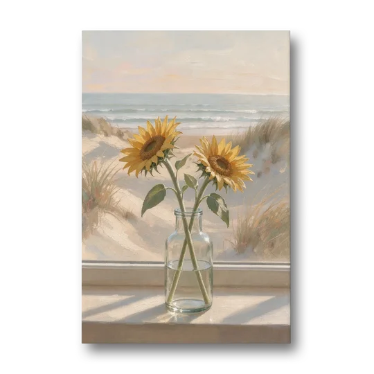 Sunflower Pair in Glass by the Dunes for the Bathroom - Canvas Wall Art - Front