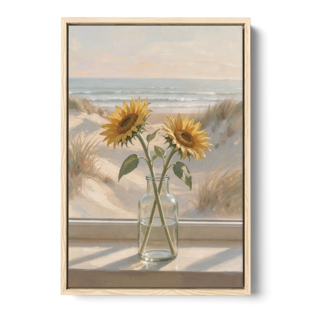 Sunflower Pair in Glass by the Dunes for the Bathroom - Oak Framed Canvas Wall Art - Front