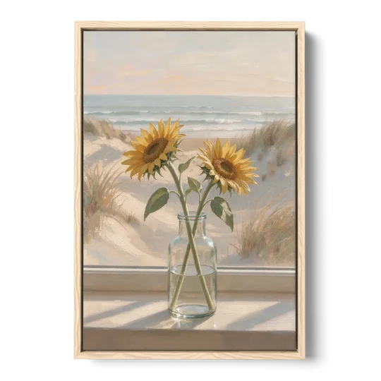 Sunflower Pair in Glass by the Dunes for the Bathroom - Oak Framed Canvas Wall Art - Front