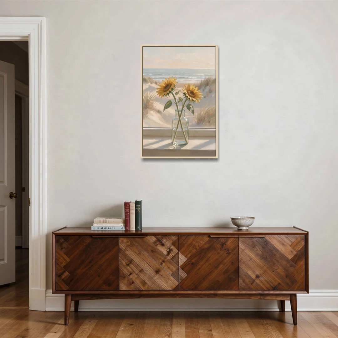 Sunflower Pair in Glass by the Dunes for the Bathroom - Oak Framed Canvas Wall Art - Coffee Table - 24x36