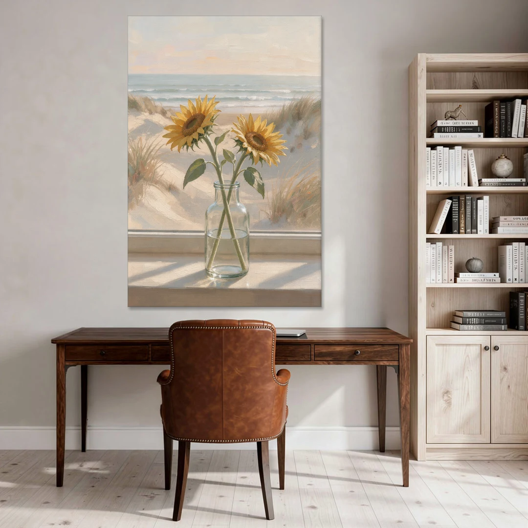 Sunflower Pair in Glass by the Dunes for the Bathroom - Canvas Wall Art - Office - 40x60