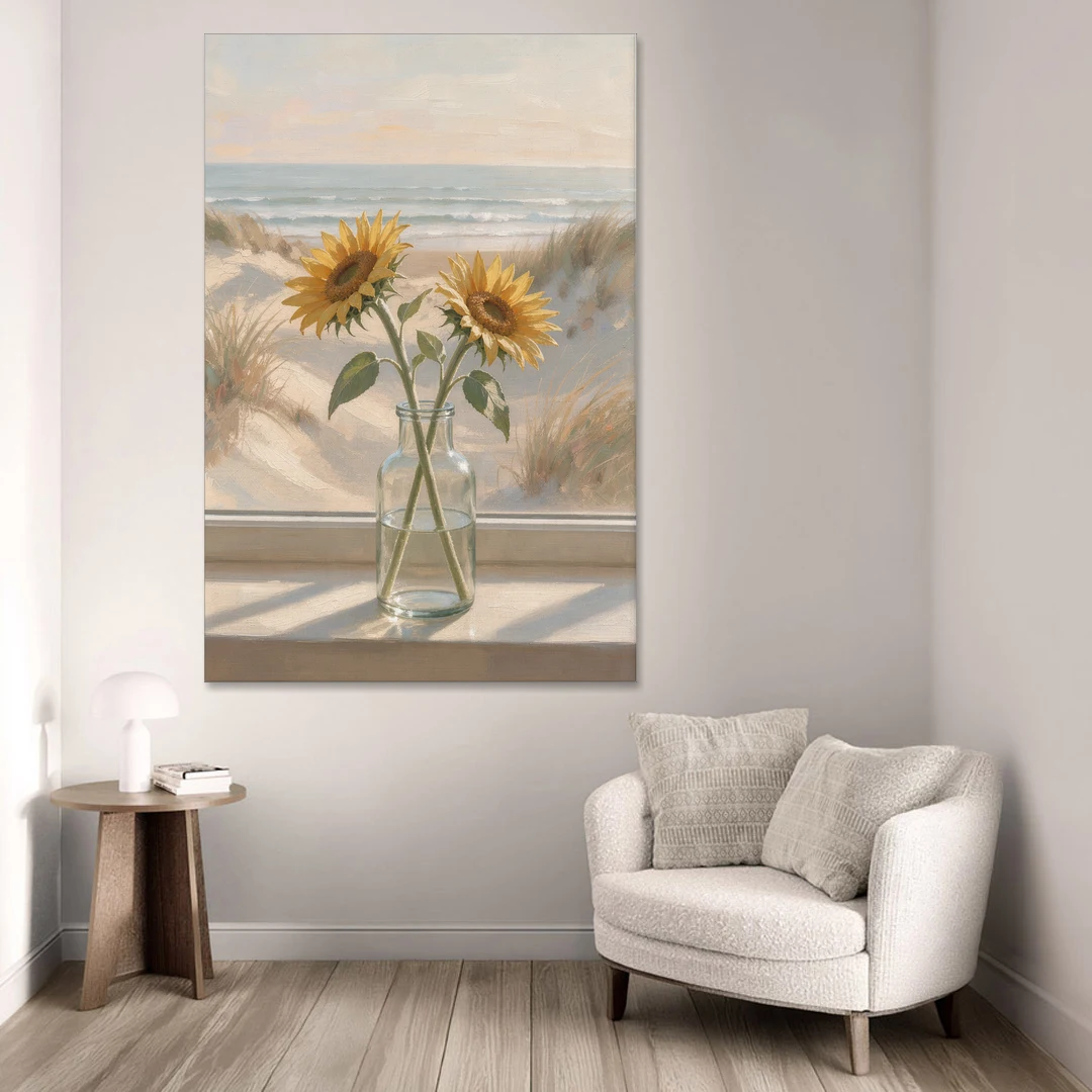 Sunflower Pair in Glass by the Dunes for the Bathroom - Canvas Wall Art - Sofa - 40x60