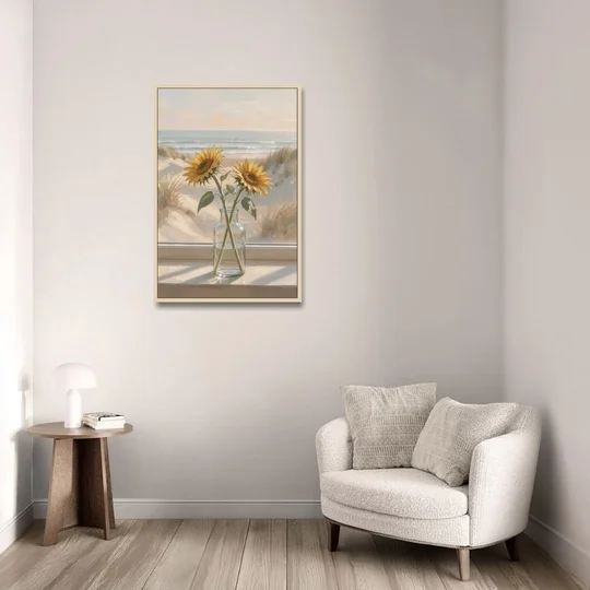 Sunflower Pair in Glass by the Dunes for the Bathroom - Oak Framed Canvas Wall Art - Sofa - 24x36