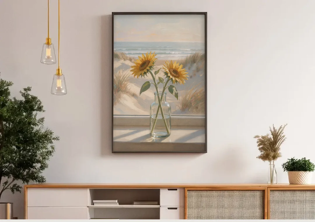 Sunflower Pair in Glass by the Dunes for the Bathroom canvas wall art above a wooden sideboard under pendant lights