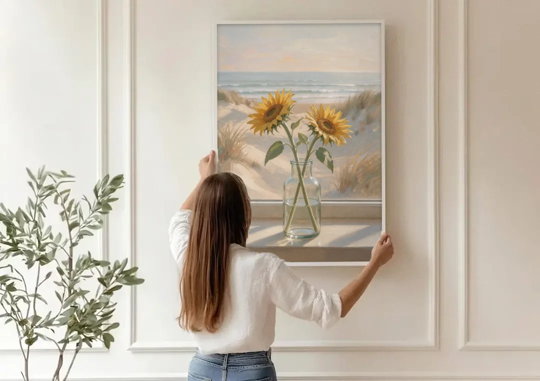 Sunflower Pair in Glass by the Dunes for the Bathroom canvas wall art being hung on a paneled wall