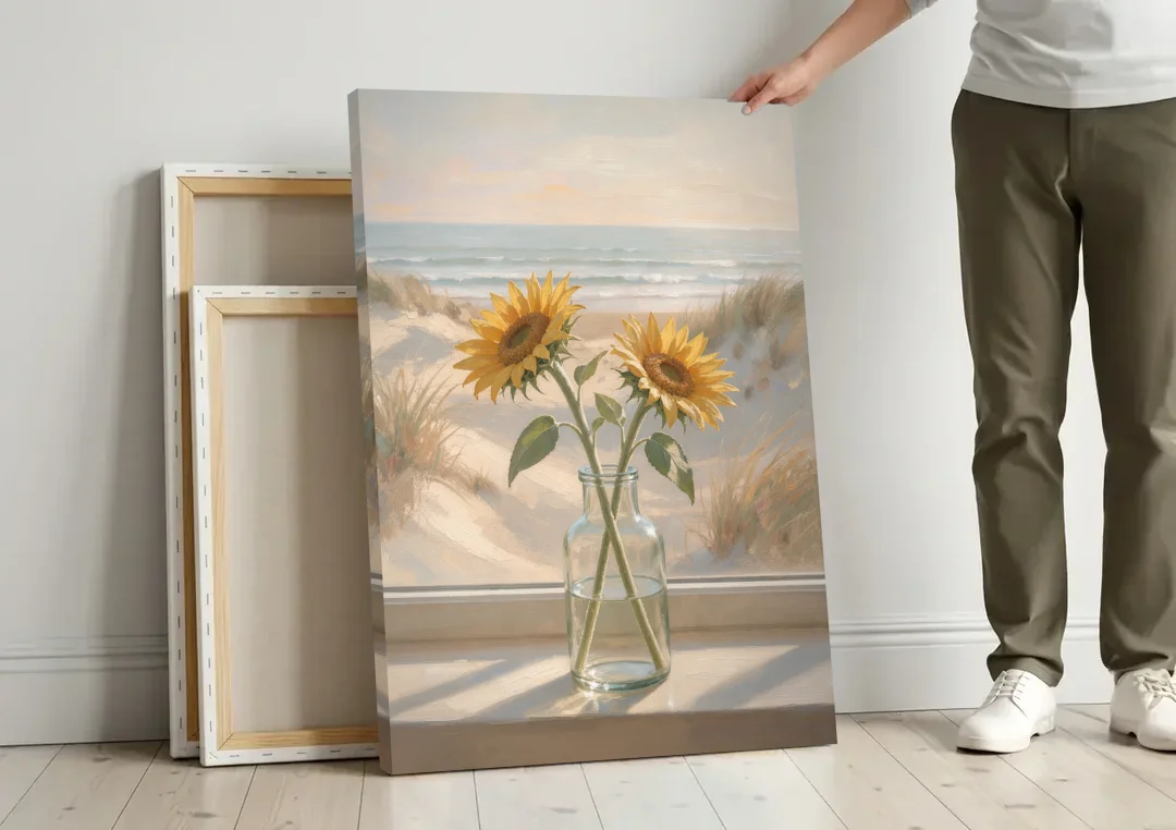 Sunflower Pair in Glass by the Dunes for the Bathroom canvas wall art leaning against a wall next to blank canvases