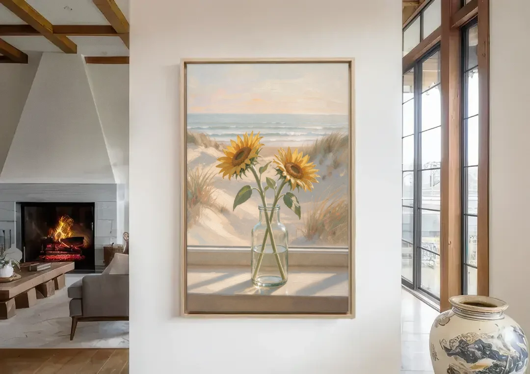 Sunflower Pair in Glass by the Dunes for the Bathroom canvas wall art in a living room with a fireplace