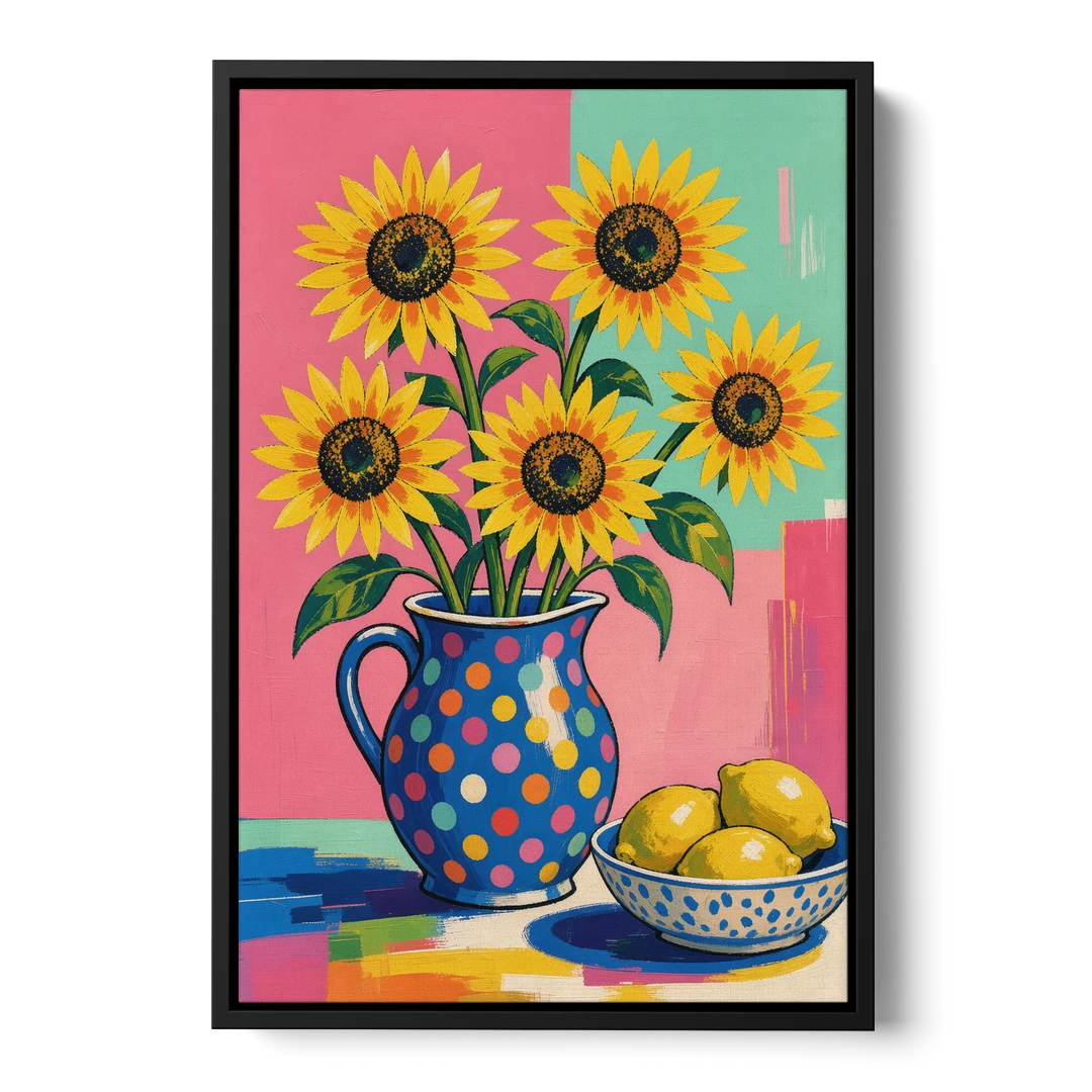 Sunflower Pitcher and Lemon Bowl for the Kitchen - Black Framed Canvas Wall Art - Front