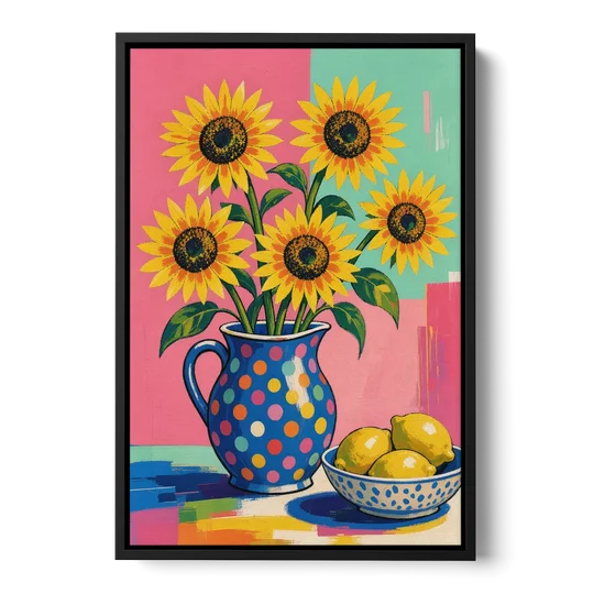 Sunflower Pitcher and Lemon Bowl for the Kitchen - Black Framed Canvas Wall Art - Front