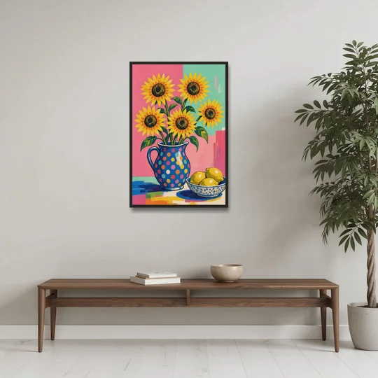 Sunflower Pitcher and Lemon Bowl for the Kitchen - Black Framed Canvas Wall Art - Coffee Table - 24x36