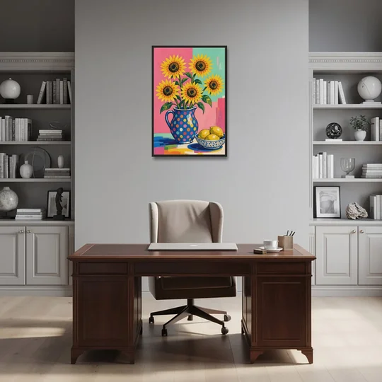 Sunflower Pitcher and Lemon Bowl for the Kitchen - Black Framed Canvas Wall Art - Office - 24x36