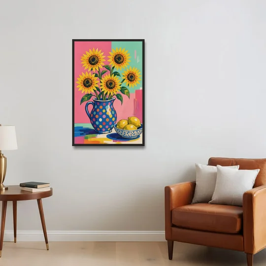 Sunflower Pitcher and Lemon Bowl for the Kitchen - Black Framed Canvas Wall Art - Sofa - 24x36