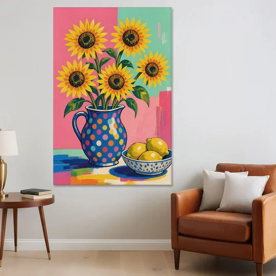 Sunflower Pitcher and Lemon Bowl for the Kitchen - Canvas Wall Art - Sofa - 40x60