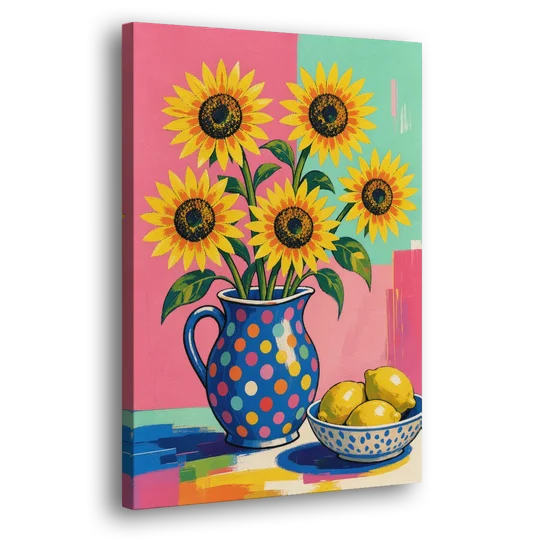 Sunflower Pitcher and Lemon Bowl for the Kitchen - Canvas Wall Art - Side