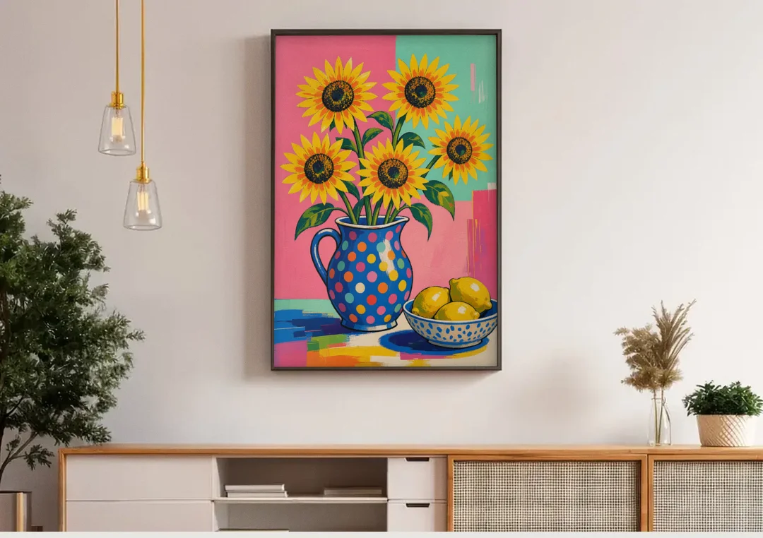 Sunflower Pitcher and Lemon Bowl for the Kitchen canvas wall art above a wooden sideboard under pendant lights