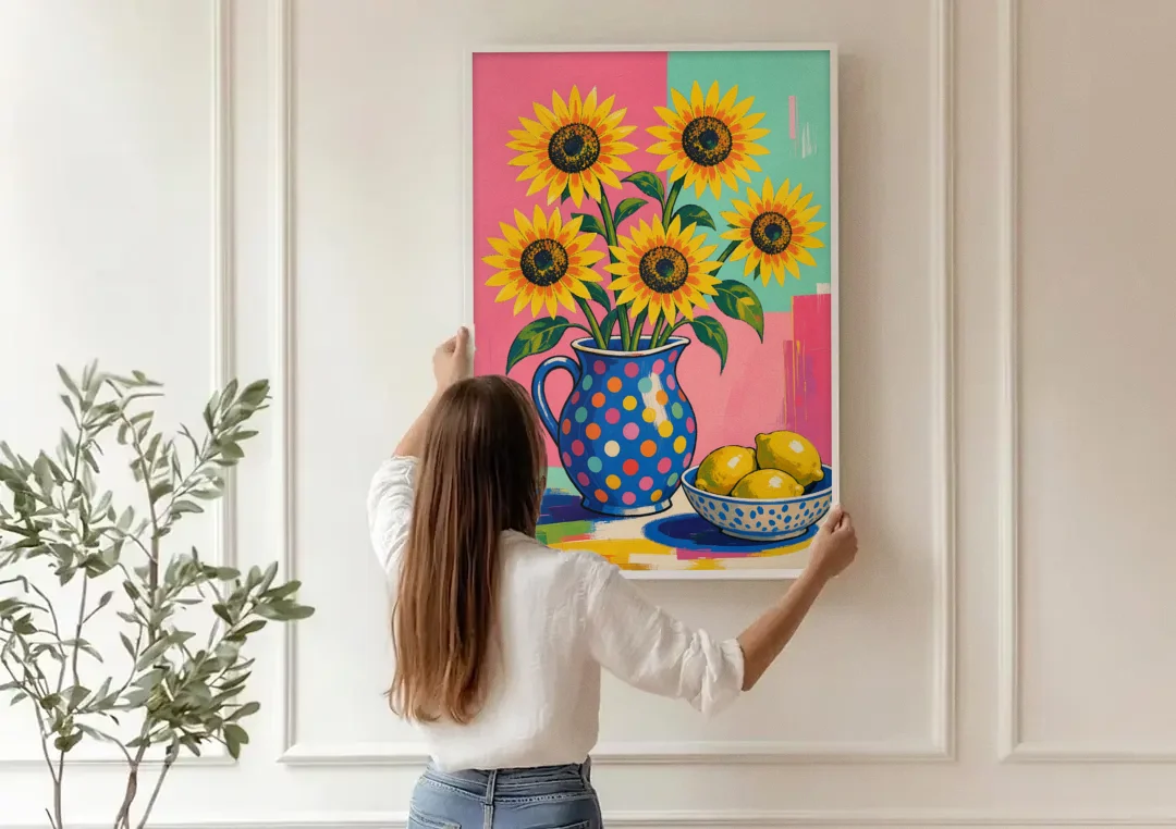 Sunflower Pitcher and Lemon Bowl for the Kitchen canvas wall art being hung on a paneled wall
