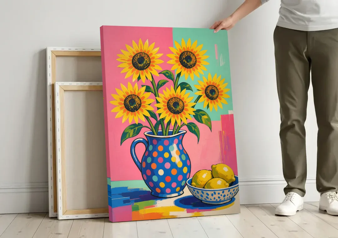 Sunflower Pitcher and Lemon Bowl for the Kitchen canvas wall art leaning against a wall next to blank canvases