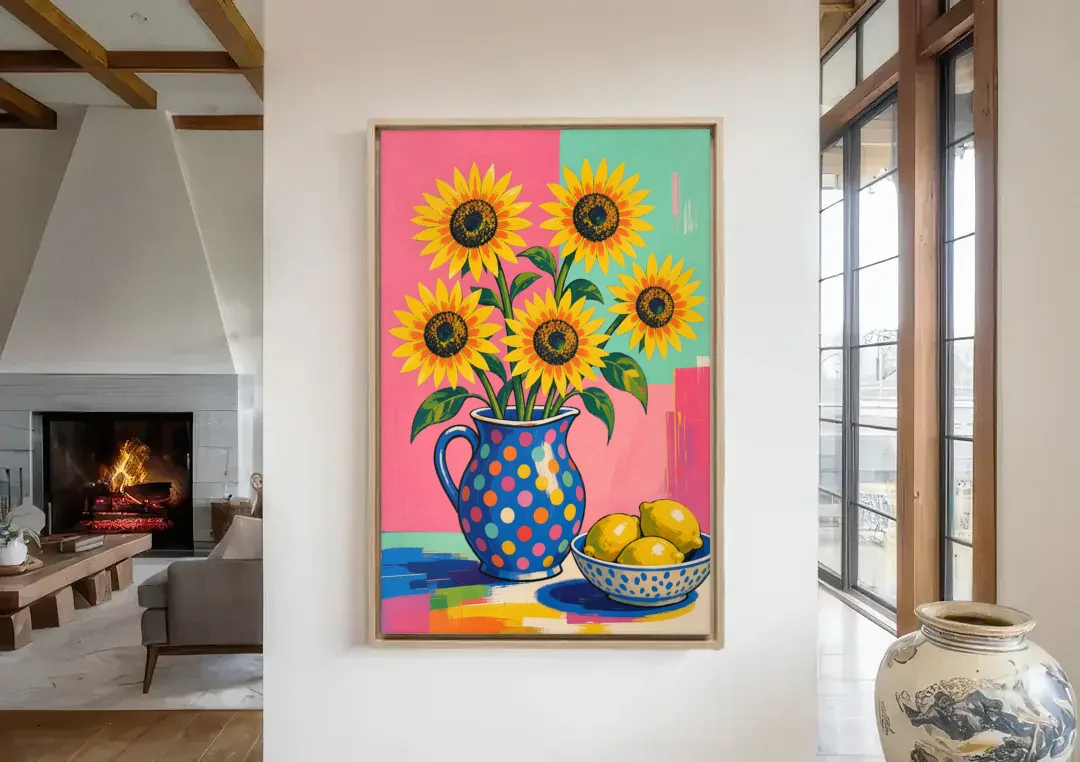 Sunflower Pitcher and Lemon Bowl for the Kitchen canvas wall art in a living room with a fireplace