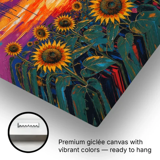 Sunflower Sunset Painting in Magenta and Blue - Canvas Wall Art - Gallery Wrap Corner
