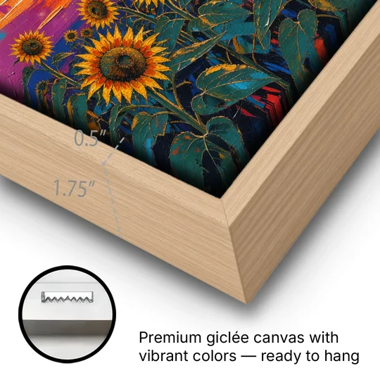 Sunflower Sunset Painting in Magenta and Blue - Oak Framed Canvas Wall Art - Gallery Wrap Corner
