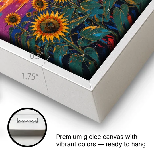 Sunflower Sunset Painting in Magenta and Blue - White Framed Canvas Wall Art - Gallery Wrap Corner