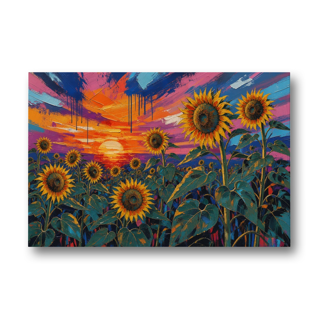 Sunflower Sunset Painting in Magenta and Blue - Canvas Wall Art - Front