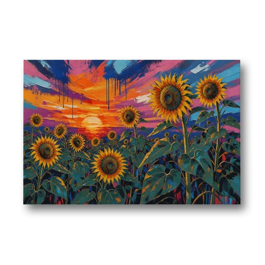 Sunflower Sunset Painting in Magenta and Blue - Canvas Wall Art - Front