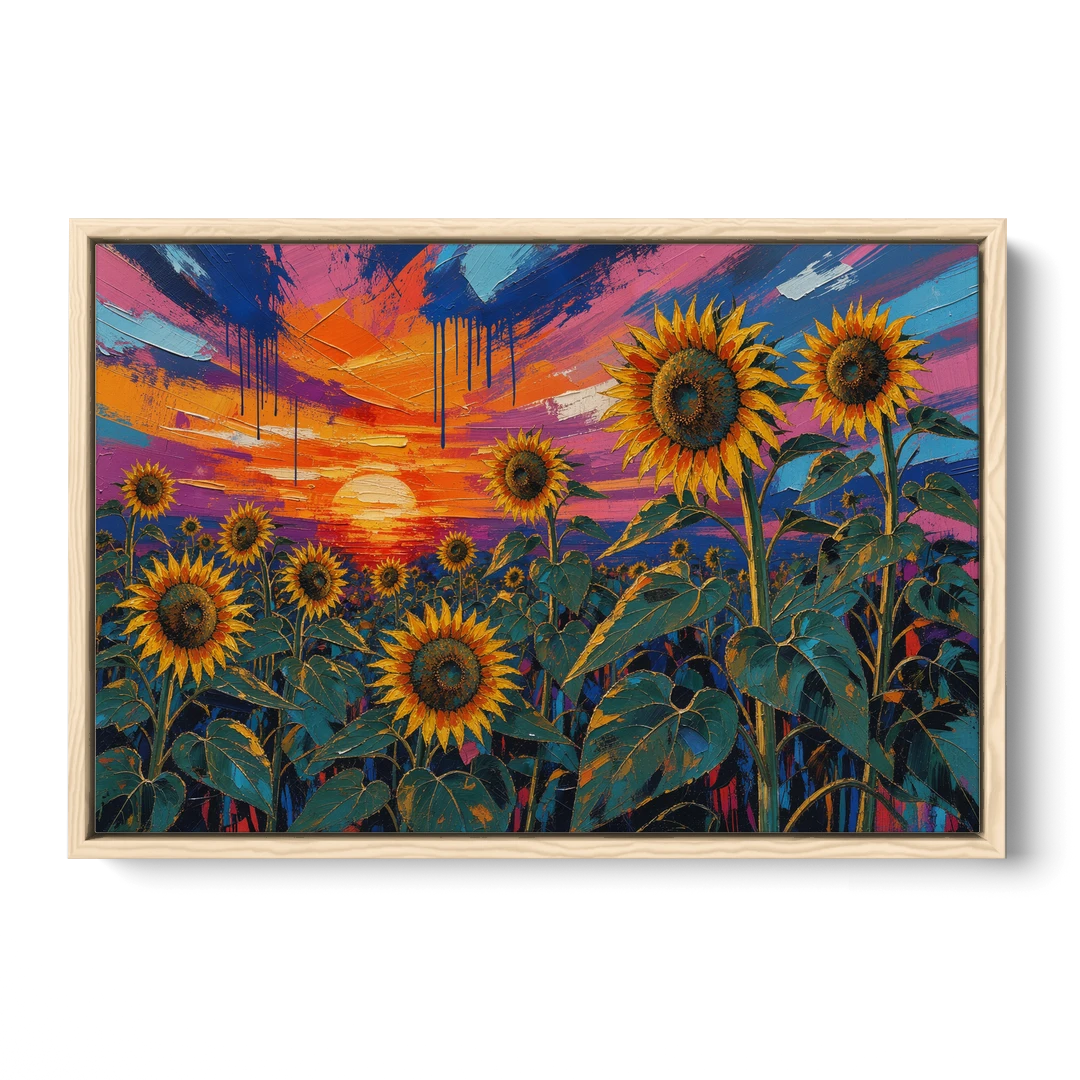 Sunflower Sunset Painting in Magenta and Blue - Oak Framed Canvas Wall Art - Front