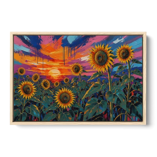 Sunflower Sunset Painting in Magenta and Blue - Oak Framed Canvas Wall Art - Front