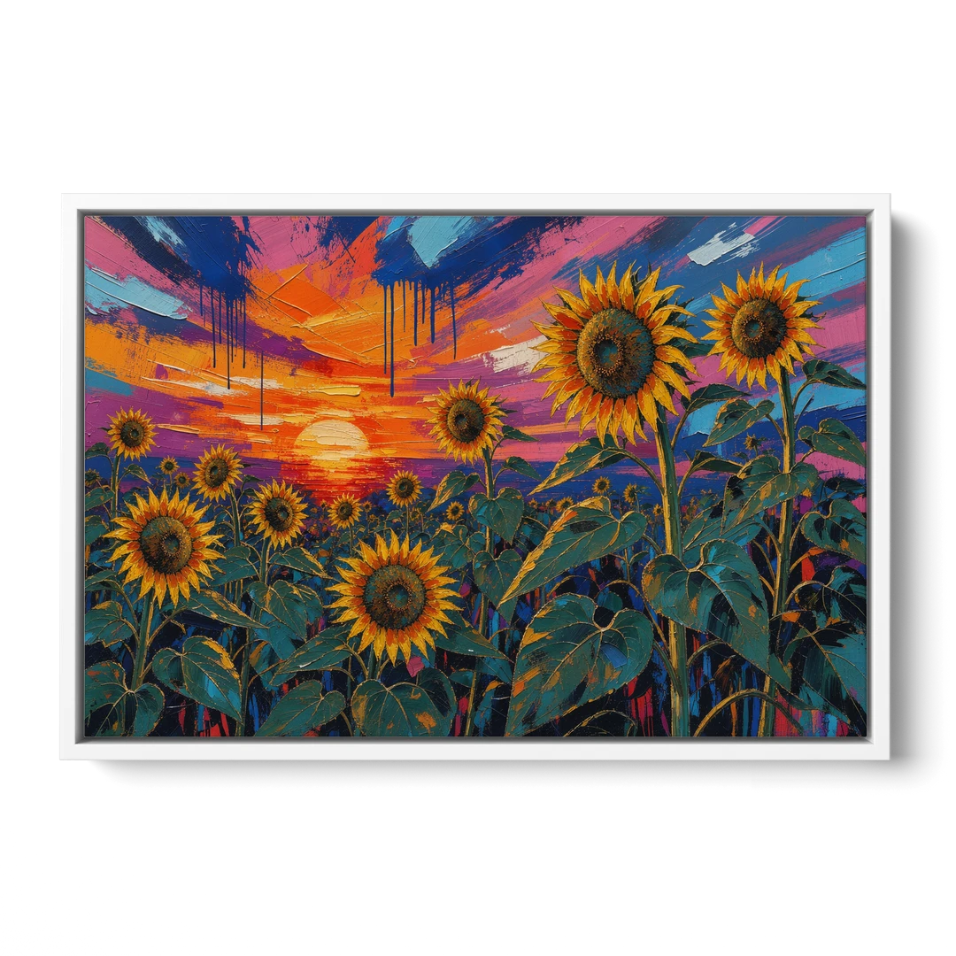 Sunflower Sunset Painting in Magenta and Blue - White Framed Canvas Wall Art - Front
