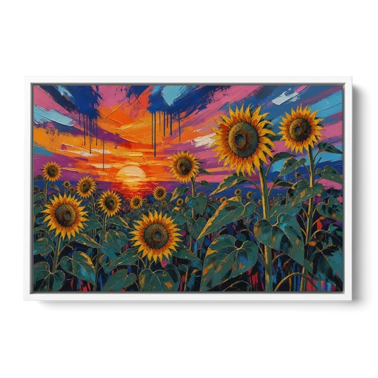 Sunflower Sunset Painting in Magenta and Blue - White Framed Canvas Wall Art - Front