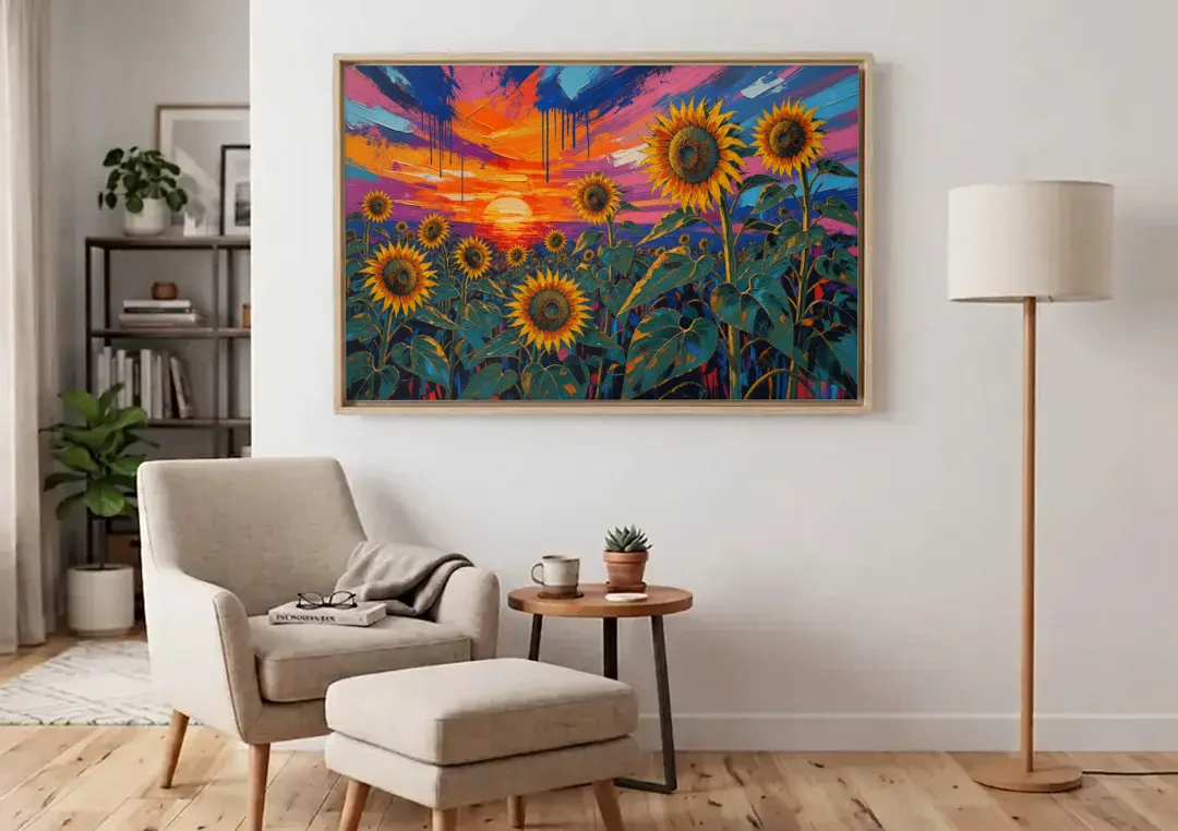 Sunflower Sunset Painting in Magenta and Blue canvas wall art above an armchair in a bright living room
