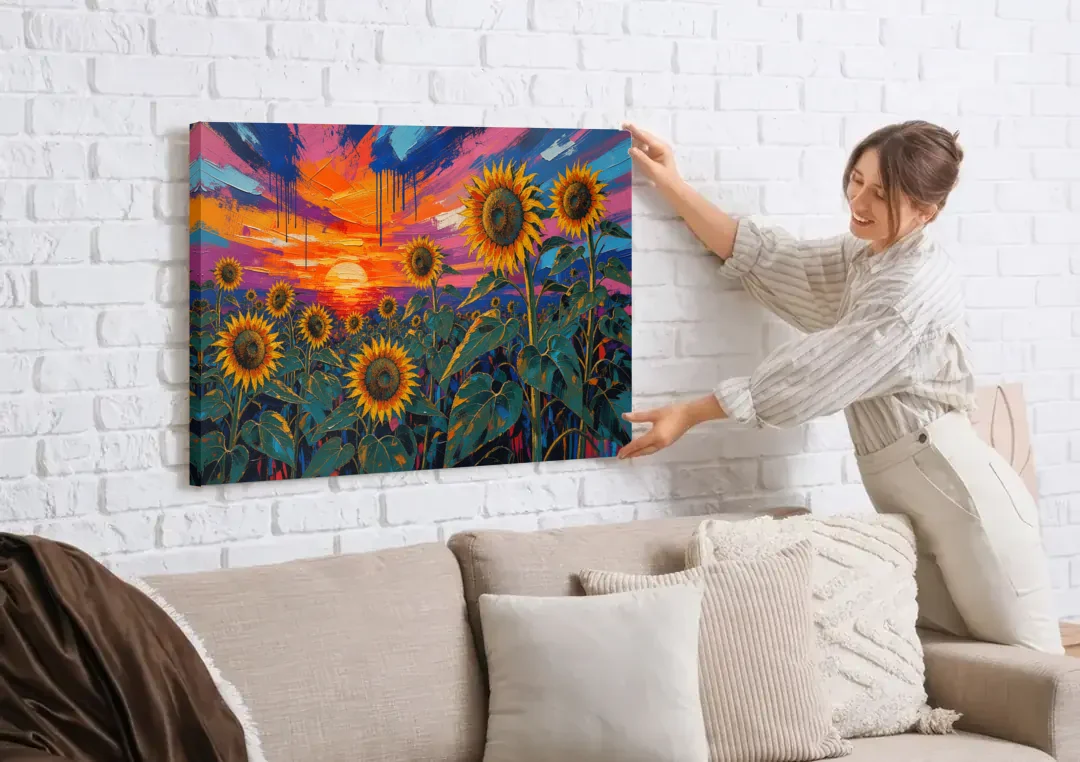 Sunflower Sunset Painting in Magenta and Blue canvas wall art being hung on a white brick wall above a sofa