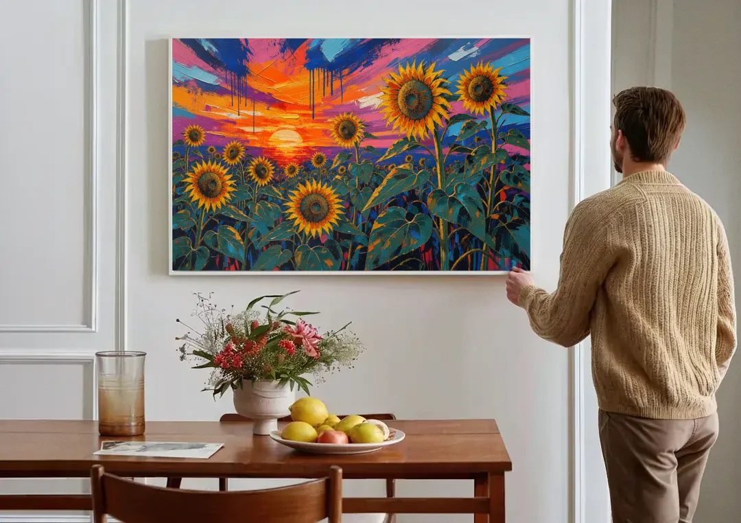 Sunflower Sunset Painting in Magenta and Blue canvas wall art above a dining table