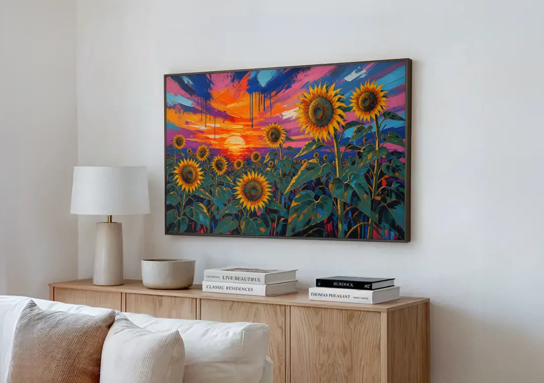 Sunflower Sunset Painting in Magenta and Blue canvas wall art above a wooden sideboard next to a sofa
