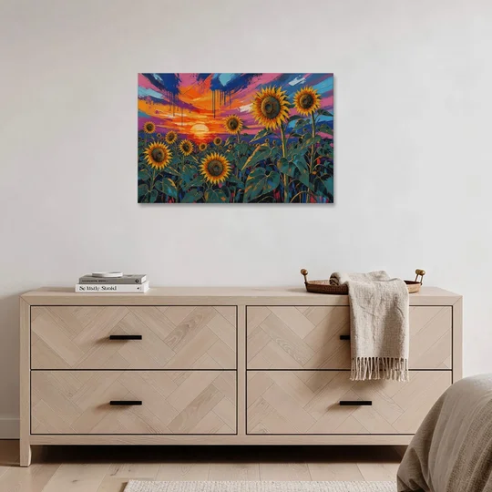 Sunflower Sunset Painting in Magenta and Blue - Canvas Wall Art - Coffee Table - 36x24