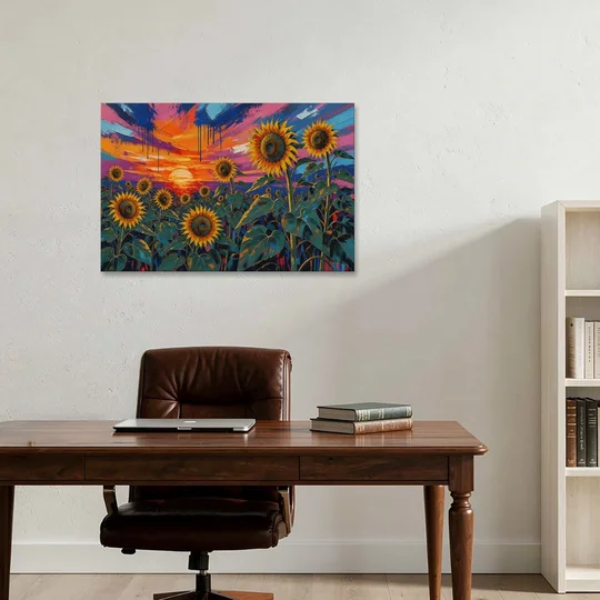 Sunflower Sunset Painting in Magenta and Blue - Canvas Wall Art - Office - 36x24