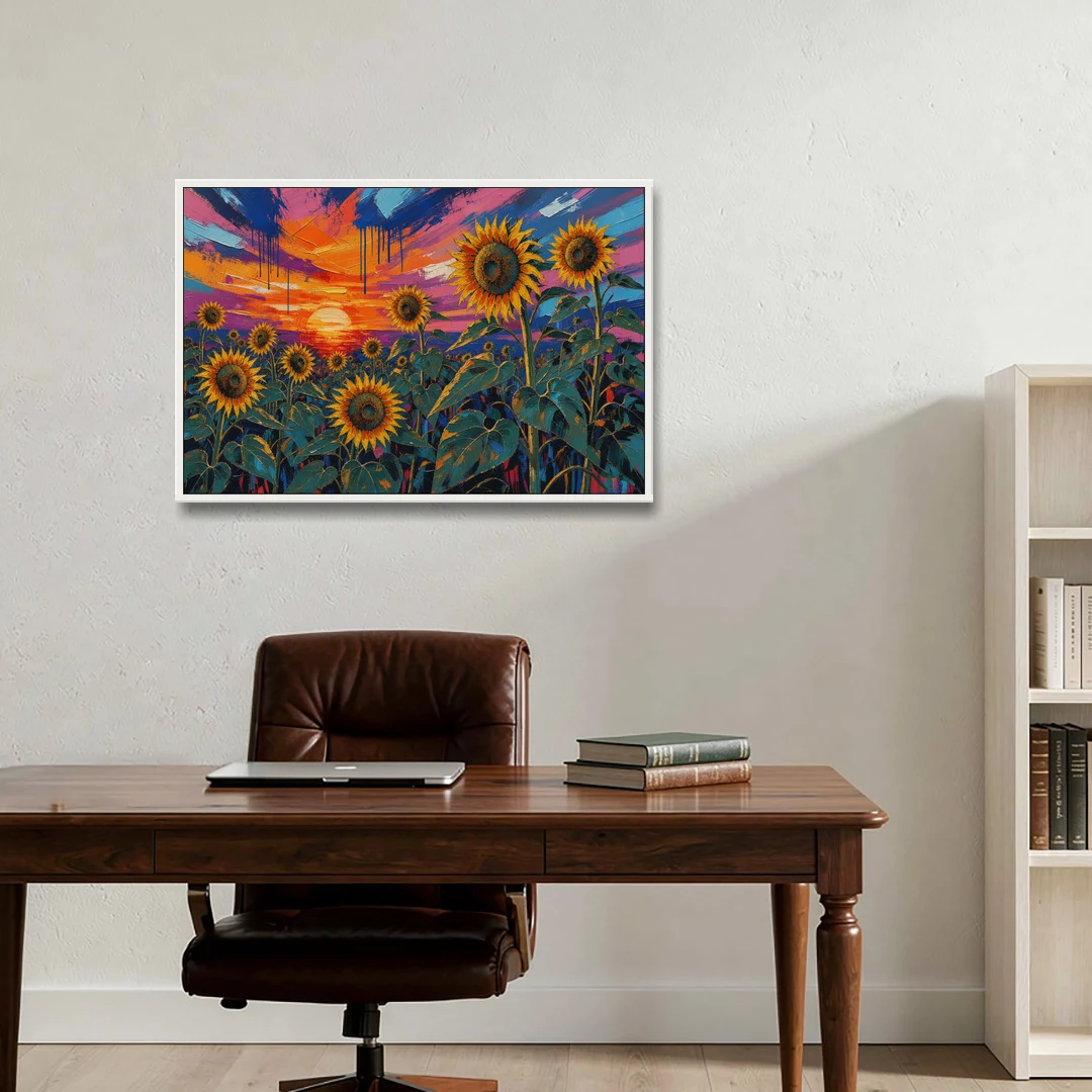 Sunflower Sunset Painting in Magenta and Blue - White Framed Canvas Wall Art - Office - 36x24