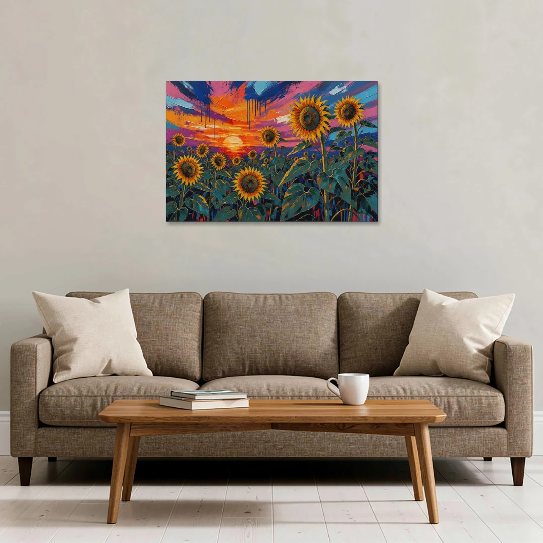 Sunflower Sunset Painting in Magenta and Blue - Canvas Wall Art - Sofa - 36x24