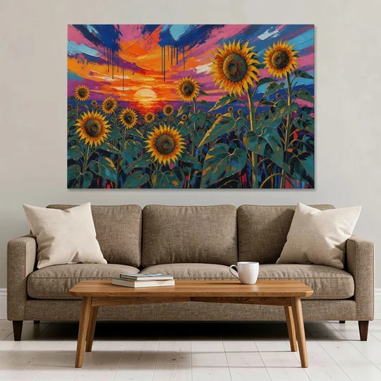 Sunflower Sunset Painting in Magenta and Blue - Canvas Wall Art - Sofa - 60x40