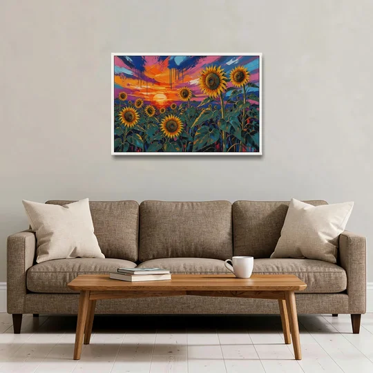 Sunflower Sunset Painting in Magenta and Blue - White Framed Canvas Wall Art - Sofa - 36x24
