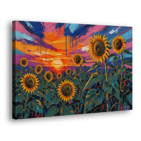 Sunflower Sunset Painting in Magenta and Blue - Canvas Wall Art - Side