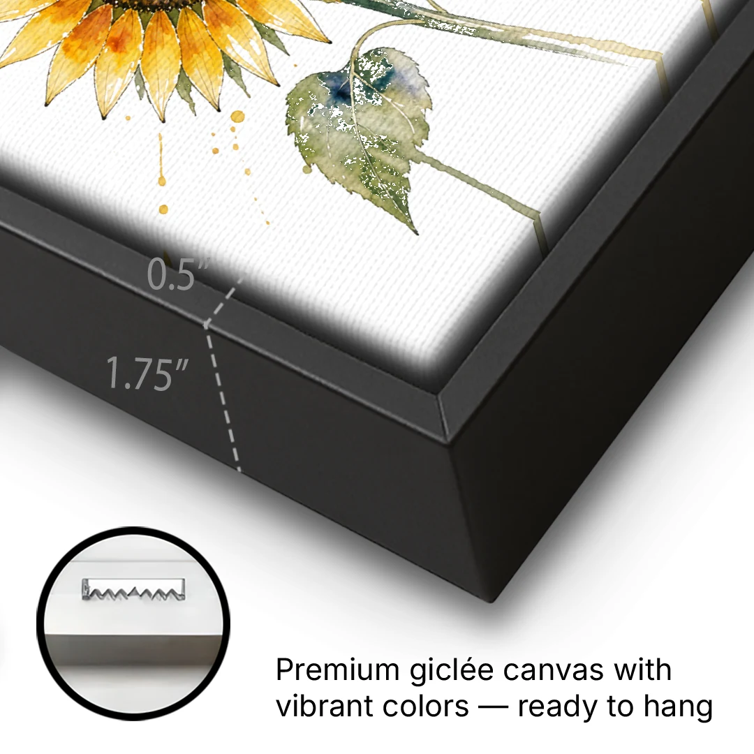 Sunflower Watercolor Painting with Amber Splashes - Black Framed Canvas Wall Art - Gallery Wrap Corner