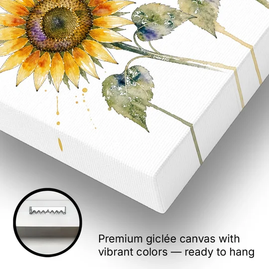 Sunflower Watercolor Painting with Amber Splashes - Canvas Wall Art - Gallery Wrap Corner