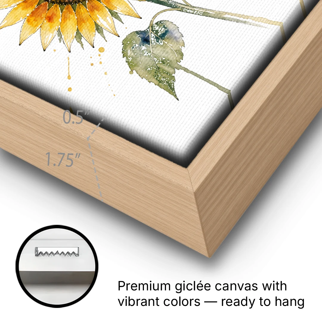 Sunflower Watercolor Painting with Amber Splashes - Oak Framed Canvas Wall Art - Gallery Wrap Corner