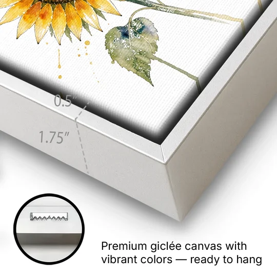 Sunflower Watercolor Painting with Amber Splashes - White Framed Canvas Wall Art - Gallery Wrap Corner