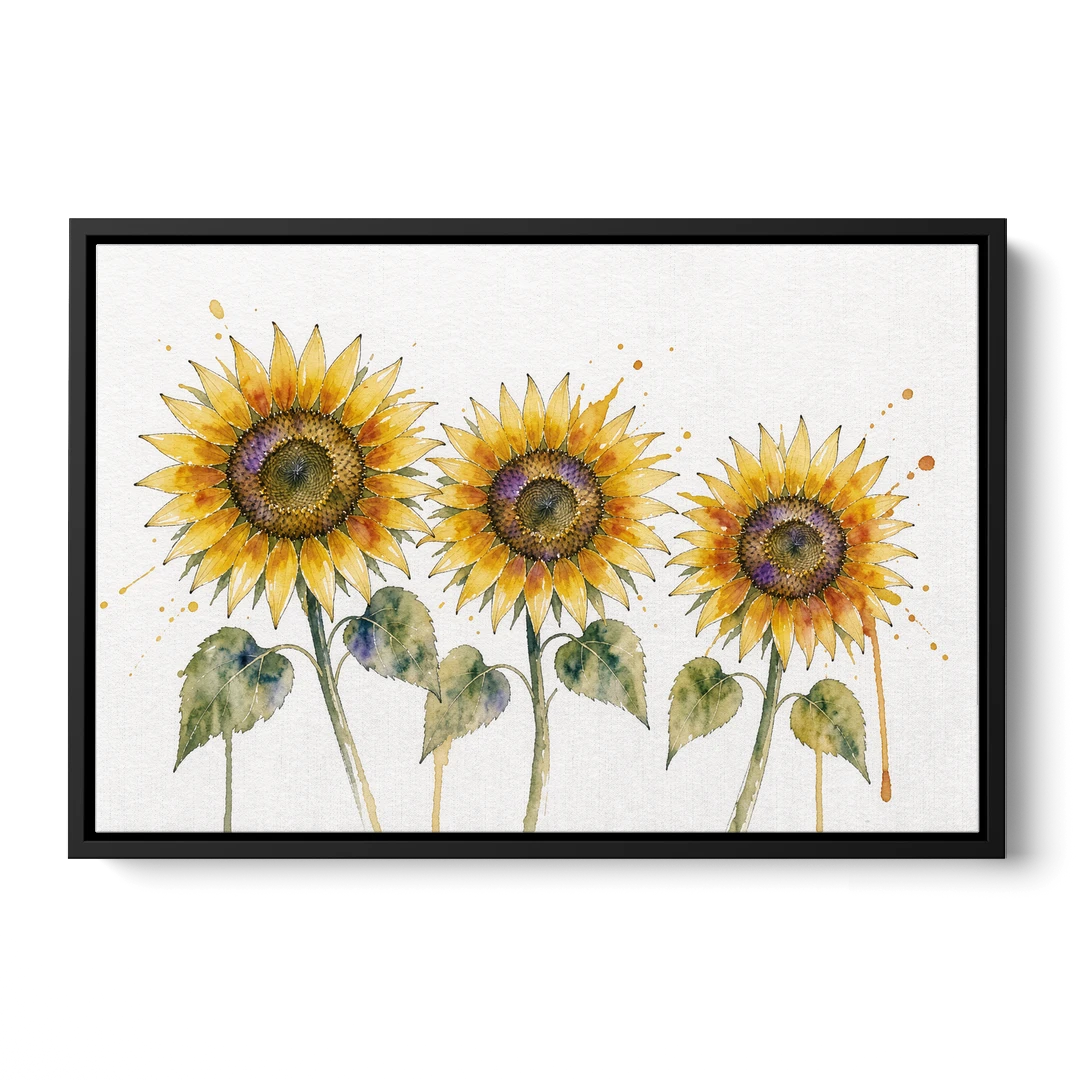 Sunflower Watercolor Painting with Amber Splashes - Black Framed Canvas Wall Art - Front