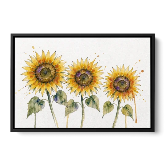 Sunflower Watercolor Painting with Amber Splashes - Black Framed Canvas Wall Art - Front